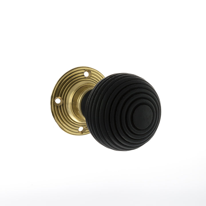 Old English Whitby Ebony Wood Reeded Mortice Knob on 60mm Face Fix Rose - Polished Brass