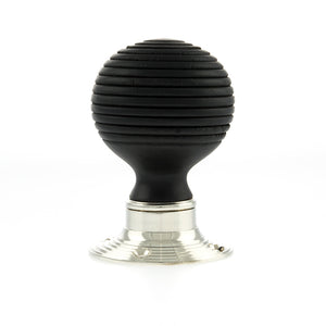 Old English Whitby Ebony Wood Reeded Mortice Knob on 60mm Face Fix Rose - Polished Nickel