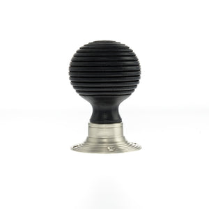 Old English Whitby Ebony Wood Reeded Mortice Knob on 60mm Face Fix Rose - Satin Nickel
