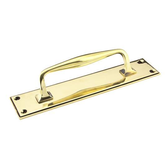 Aged Brass 300mm Art Deco Pull Handle on Backplatein our Pull Handles collection by From The Anvil. Available to buy at Yorkshire Architectural Hardware