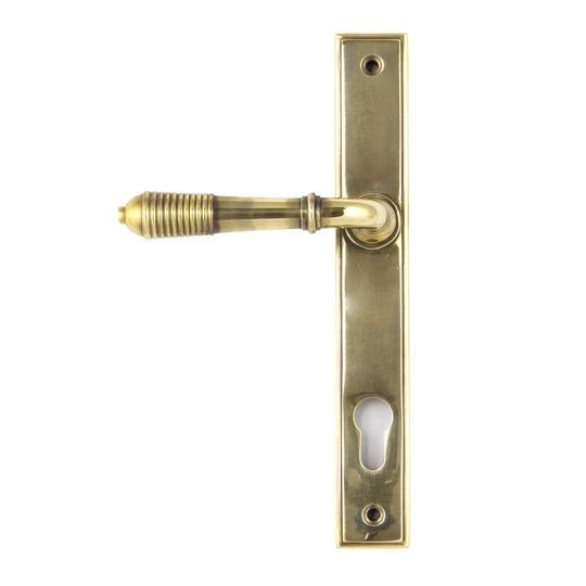 Aged Brass Reeded Slimline Lever Espag. Lock Setin our Lever Handles collection by From The Anvil. Available to buy at Yorkshire Architectural Hardware