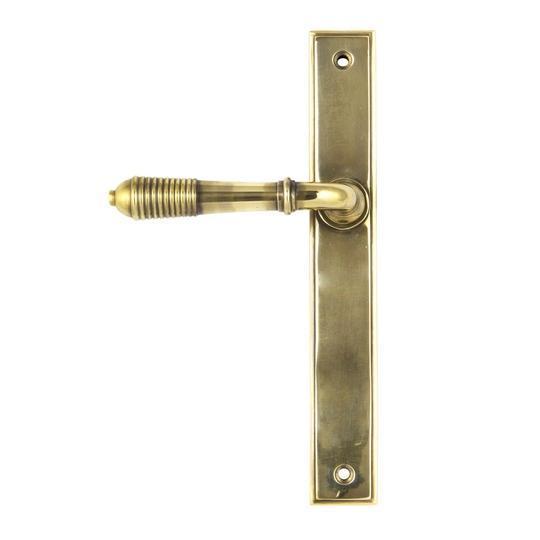 Aged Brass Reeded Slimline Lever Latch Setin our Lever Handles collection by From The Anvil. Available to buy at Yorkshire Architectural Hardware