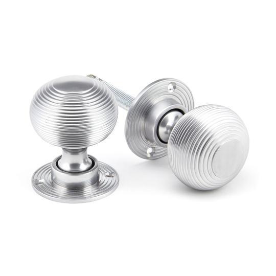 Satin Chrome Heavy Beehive Mortice/Rim Knob Setin our Door Knobs collection by From The Anvil. Available to buy at Yorkshire Architectural Hardware